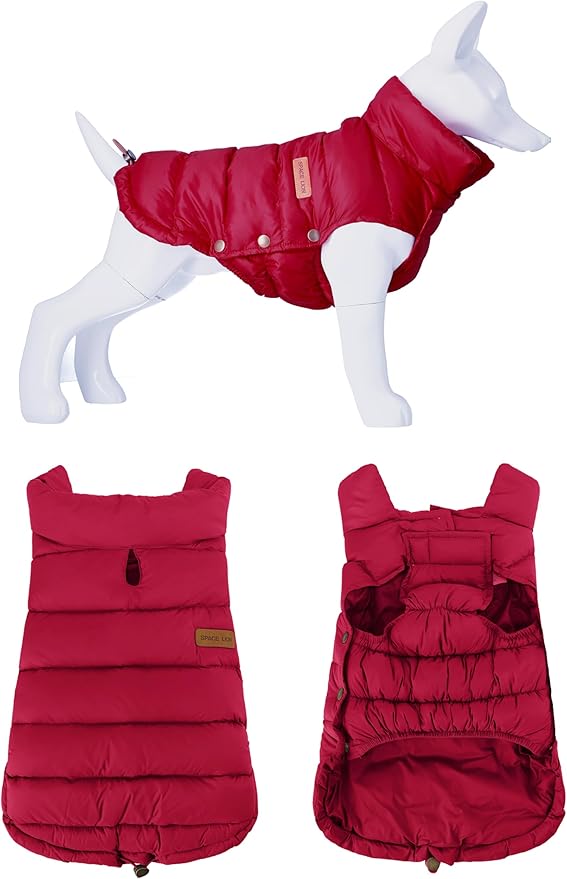 SPACE LION Dog Puffer Jacket, Down Winter Coat, Durable Outdoor Coat for Cold and Windy Conditions, Waterproof, Lightweight Jacket, Adjustable Fit for Small, Medium, Large Dogs(Red,12/M)