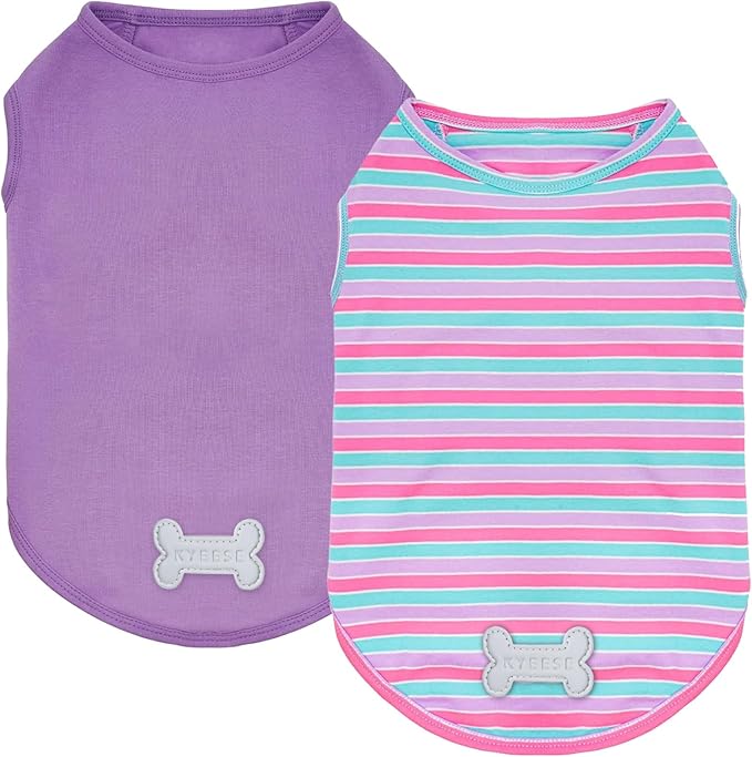 KYEESE 2Pack Dog Shirts Striped T Shirt Soft Tee for Small Dogs Cotton Tank Top Clothes Lightweight Sleeveless Dog Vest, X-Large,Purple+Striped