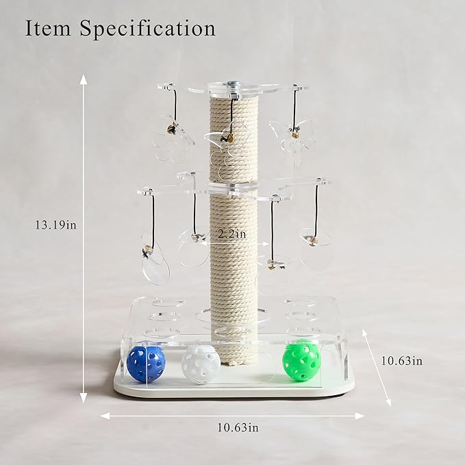 Modern 3-in-1 Interactive Cat Toy with Scratching Post, Cat Puzzle Toys for Indoor Cats with Colorful Jingle Balls, 2-Layer Spinning Teaser Disc with Dangling Toys, Acrylic, White