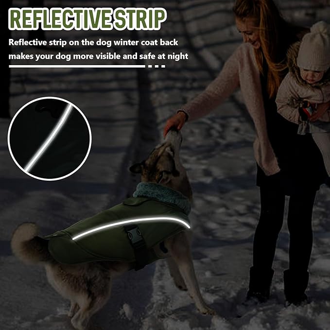 DENTRUN Large Dog Winter Coat - Windproof Reflective Warm Coat, Adjustable Neck & Snap Closure, Water Repellent Thick Fleece Vest, Fleece Lined for for Golden Retriever, Army Green, XL