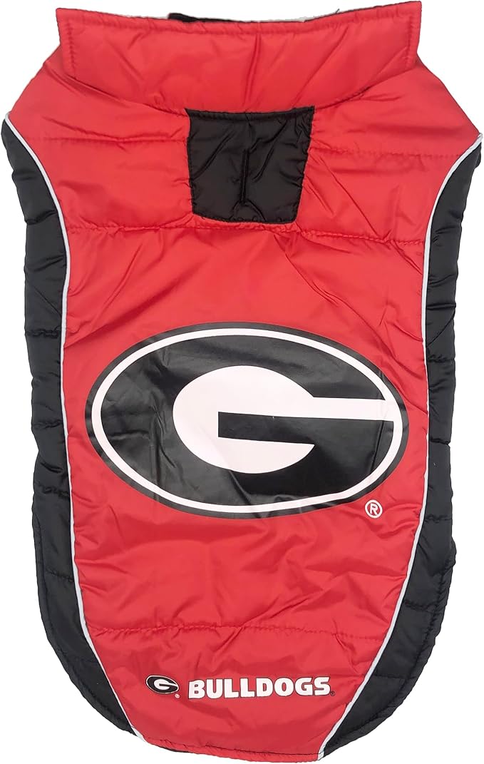 NCAA Georgia Bulldogs Puffer Vest for Dogs & Cats, Size Large. Warm, Cozy, and Waterproof Dog Coat, for Small and Large Dogs/Cats. Best NCAA Licensed PET Warming Sports Jacket