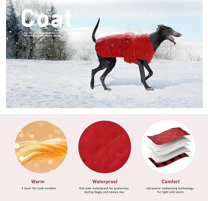 PAWZ Road Dog Winter Coat with 5 Layers Warm Material, Reversible Dog Clothes with 2 Sides, Dog Jacket Outdoor Water Repellent, (Red Plaid 3XL)