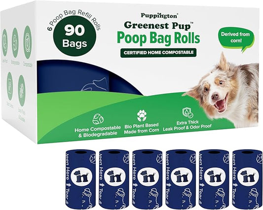 Puppington Certified Home Compostable Poop Bags - ASTM D6400 Compliant - 90 Extra Thick Bags - Plant Based - Pairs with Puppington 3-in-1 Bag & Fits all Standard Poop Bag Dispensers (Navy Blue)