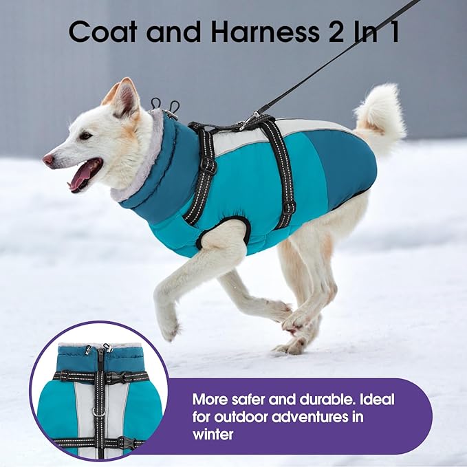 SUNFURA Dog Coat, XXXL Dog Jacket with Harness Built in, Waterproof Pet Winter Coat Snowsuit with Zip, Reflective Fleece Jacket for Extra Large Dogs, Great Dane, Turquoise 3XL