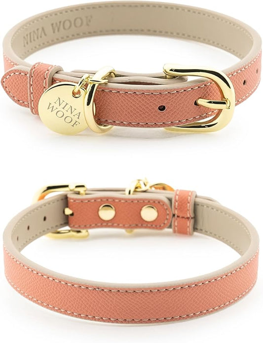 NINA WOOF Rio Vegan Leather Dog Collar - Padded Luxury Dog Collar with Adjustable Buckle - Collar for Dogs, Dog Collar for Small Dogs to Dog Collar for Large Dogs - Color Peach (Extra Small)