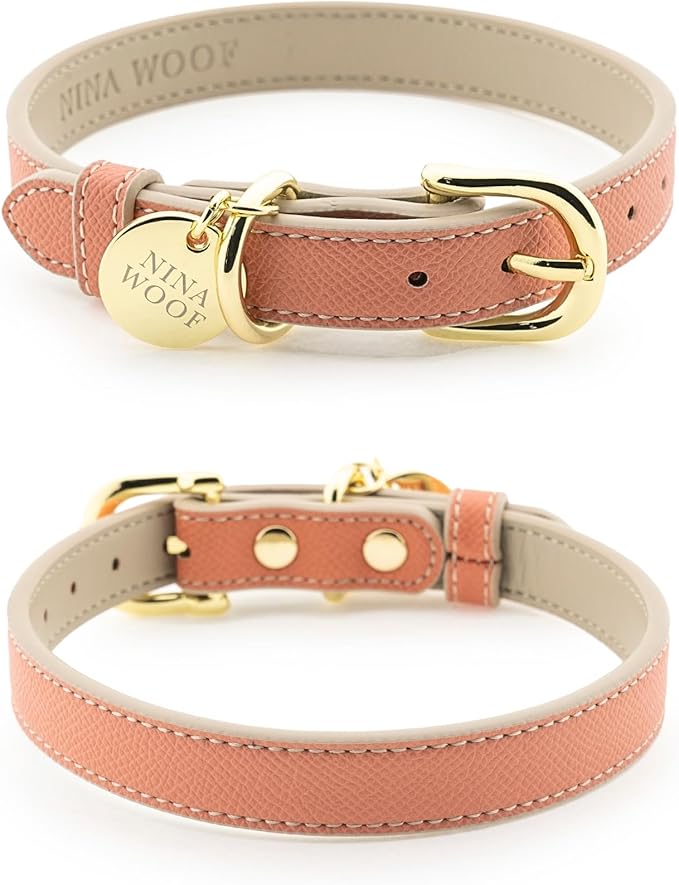 NINA WOOF Rio Vegan Leather Dog Collar - Padded Luxury Dog Collar with Adjustable Buckle - Collar for Dogs, Dog Collar for Small Dogs to Dog Collar for Large Dogs - Color Peach (Large)