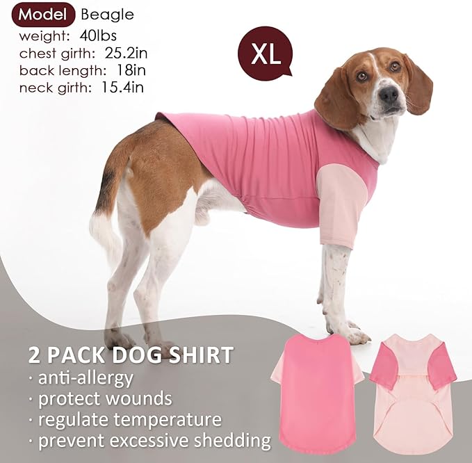2 Pack X-Large Dog Shirts - Breathable Lightweight Basic Tees, Durable Moisture-Wicking Dogs Clothes for Beagle, Bullmastiff, Sleep, Hot Summer Day Outdoor Activities, Travel, Seaside, Pink