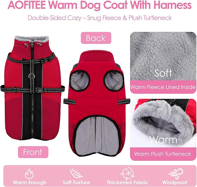 AOFITEE Dog Coat for Large Dogs, XXXL Dog Winter Jacket with Harness Built in, Turtleneck Cold Weather Coat for Extra Large Dogs, Reflective Pet Fleece Jacket with Zipper for Great Dane, Red 3XL