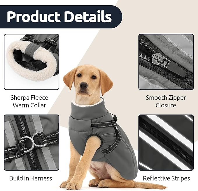 Dog Winter Coat with Harness Built in Warm Puffer Dog Jackets for Small Medium Large Dogs Windproof Waterproof Outfit with Plush Lining and Reflective Stripes (Grey, M)