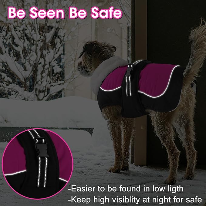 Dogcheer Waterproof Dog Coat, Christmas Dog Winter Jacket, Adjustable Puppy Fleece Coat for Cold Weather, Reflective Turtleneck Snow Jacket for Small Medium Large Dogs - Pink, L