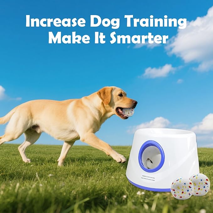 Automatic Dog Ball Launcher, Upgraded Interactive Dogs Balls Thrower for Small Dogs, Distance Adjustable Mental Stimulating Dog Toys with 4 Durable Etpu Balls 2.2 Inch (Blue)