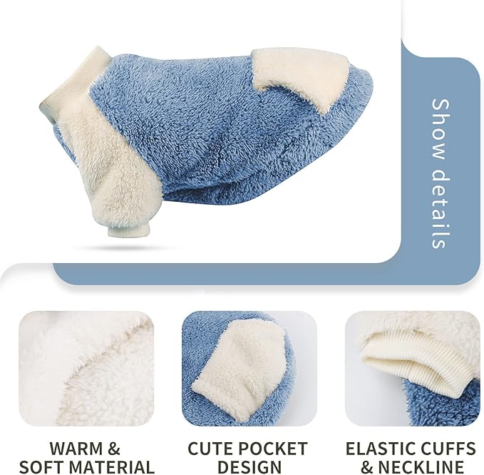 LESYPET Dog Sweater for Small to Medium Dogs, Fleece Lining Puppy Sweatshirt in Winter, Warm Puppy Clothes Pullover Jumper, Blue X-Large