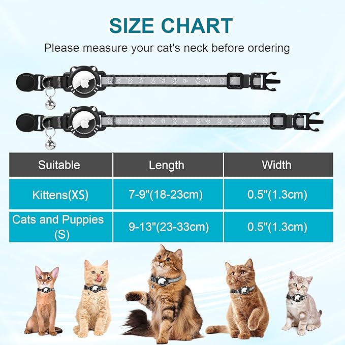 Airtag Cat Collar, Reflective Cat Collar with Apple Air Tag Holder, Breakaway GPS Tracker Pet Collar with Bell for Cat Kitten, Airtag Not Included, Black, XS(7-9 Inch)