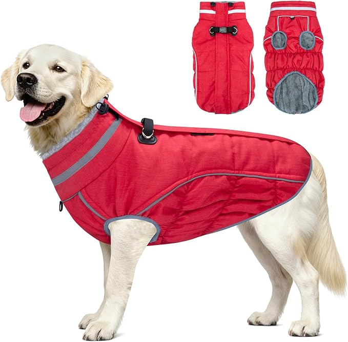 Malier Dog Coat, Reflective Dog Jacket Waterproof Windproof Puppy Cold Weather Coats with Harness Built in, Winter Extra Warm Pet Coat Fleece Vest for Small Large Pets and Puppy (Red, Small)