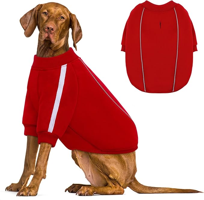 Queenmore XXL Christmas Dog Sweater, Cozy Fleece Dog Sweatshirt, Warm Winter Fleece Jacket for Small, Medium & Large Dogs with Leash Hole/Reflective Stripes Red