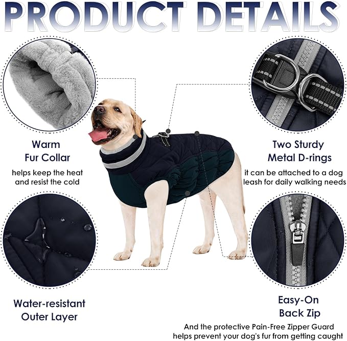 AOFITEE Dog Coat, Warm Dog Winter Coat, Reflective Cold Weather Dogs Puffer Jacket with Harness Built in, Waterproof Pet Fleece Vest Snowsuit for Small Medium Large Dogs, Navy L