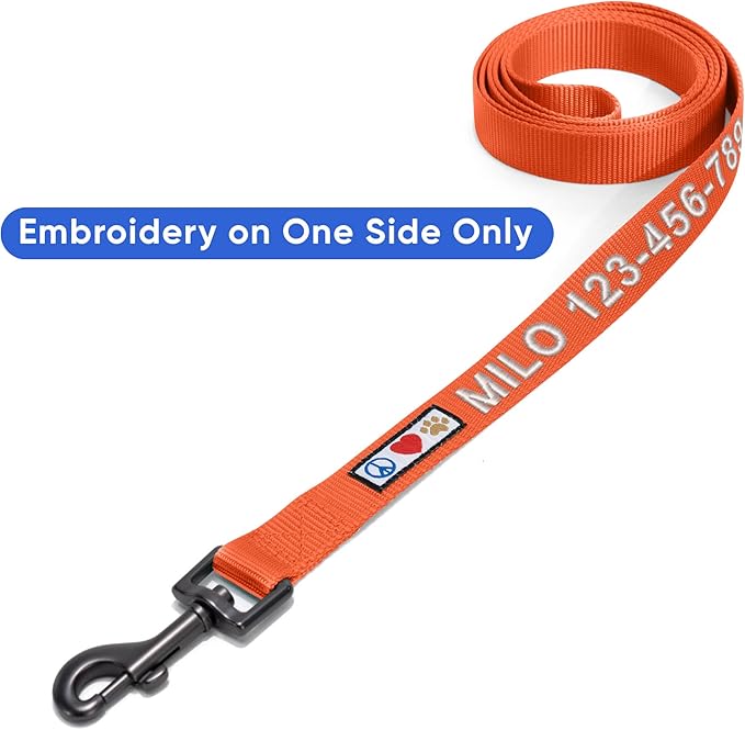 Pawtitas Personalized Dog Leash Embroidered Customize Leash with Your Pet Name & Phone Number Leash Puppy Leash Leash 6 ft Long Dog Leash Puppy Small Leash Orange Custom Engraved Name, Orange ✅ Solid