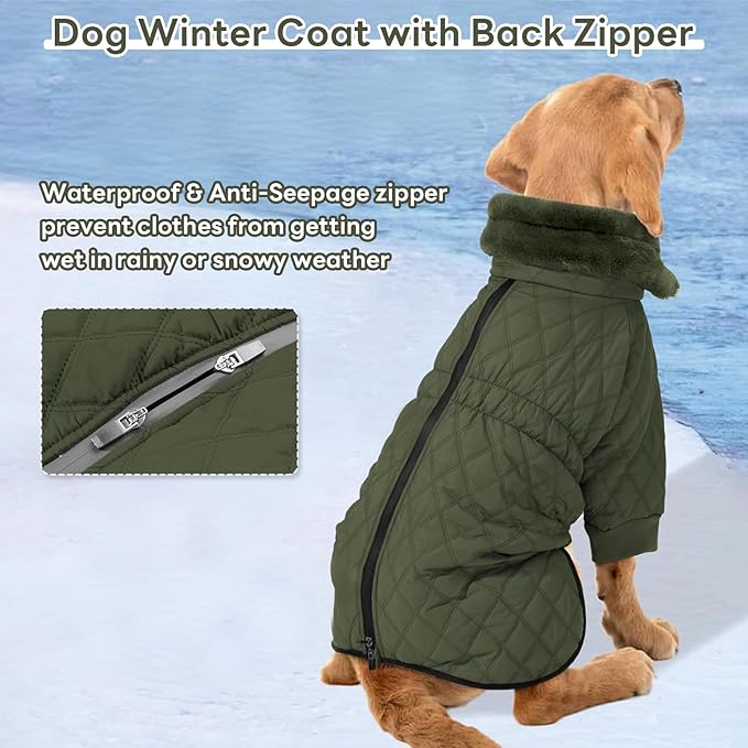 IDOMIK Dog Winter Coat for Medium Dogs, Warm Dog Winter Jacket with Fleece High Collar, Zippered Cold Weather Coats for Dogs, Waterproof Doggy Snow Jacket Clothes,Green,M