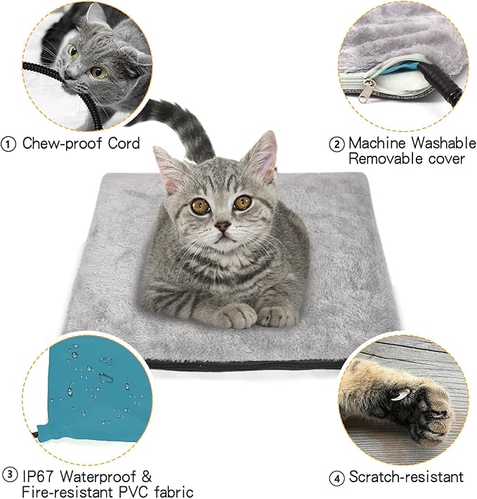Heated Cat Bed for Indoor Cats, Foldable Cat House with Removable Heating Pad for Cats Small Dog Covered Cat Bed Cave Kitty Hideaway with with Scratch Pad, All Season Use