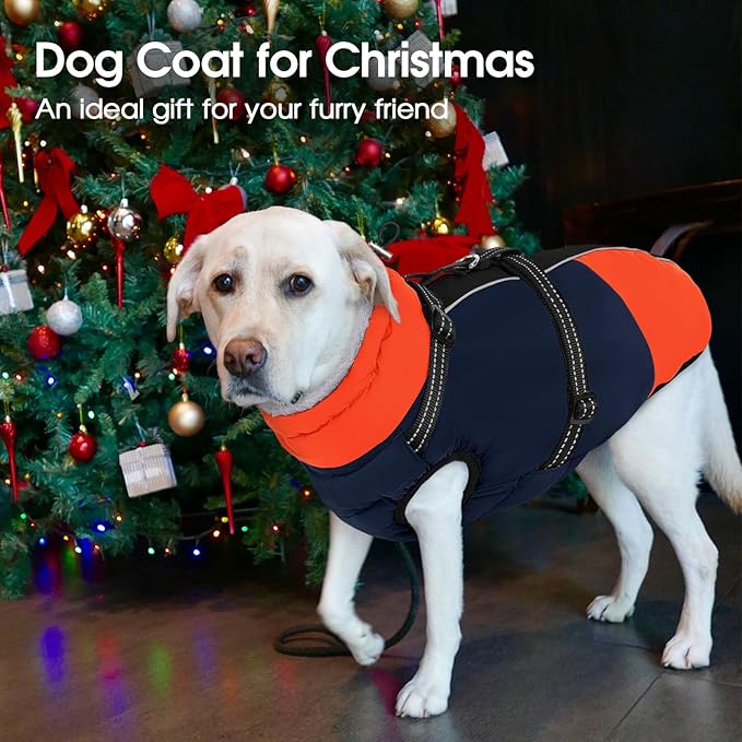 SUNFURA Dog Coat, Warm Dog Jacket with Harness Built in, Waterproof Pet Winter Coat Snowsuit with Zipper, Reflective Fleece Jacket for Extra Large Dogs, Weimaraner, Blue XXL