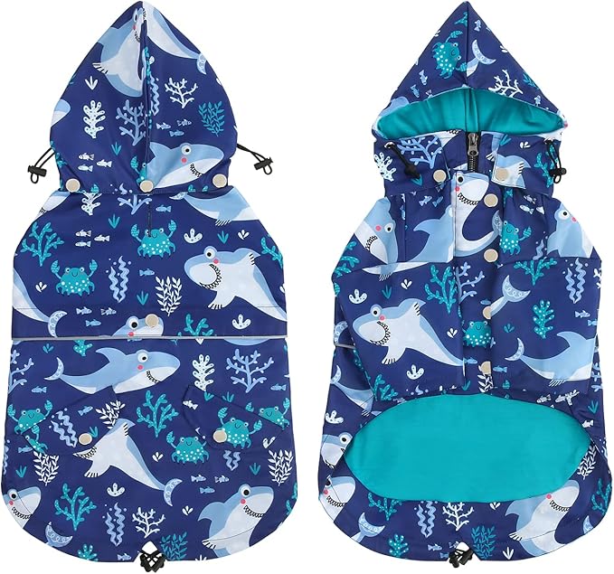 HDE Dog Raincoat Poncho Double Layer Zip Rain Jacket with Removable Hood, Leash Hole for Small to 3XL Dogs and Puppies Sharks - S