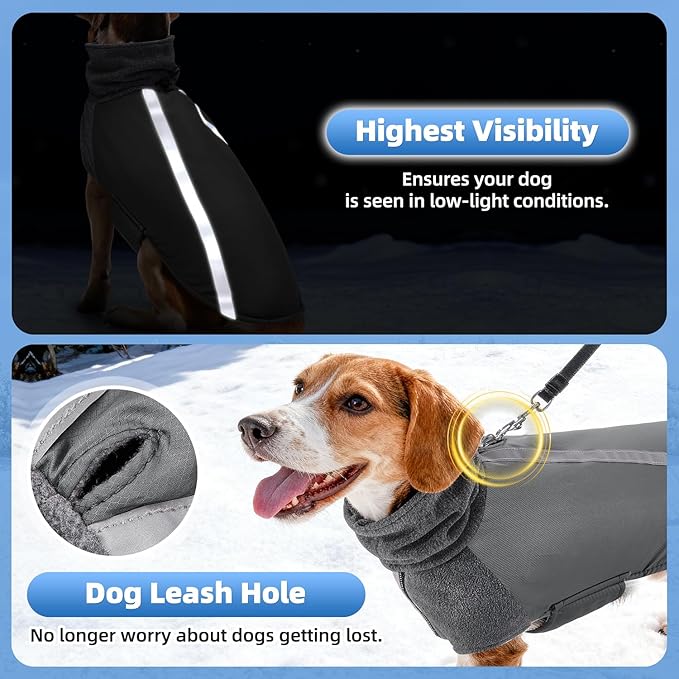 SlowTon Winter Dog Coat, Warm Polar Fleece Lining Doggie Outdoor Jacket with Turtleneck Scarf Reflective Stripe Adjustable Waterproof Windproof Puppy Vest Soft Pet Outfits (M,Grey)