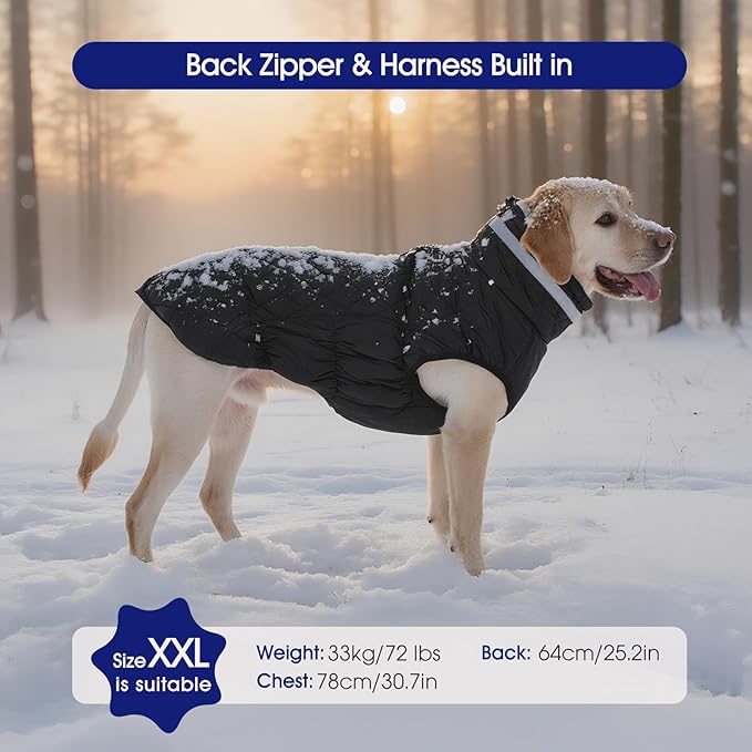 FUAMEY Dog Coat for Large Dogs,Waterproof Dog Winter Jacket with Harness Built in Puppy Cold Weather Coats Reflective Pet Vest with Zipper Warm Fleece Dogs Snowsuit Windproof Solid Black XL