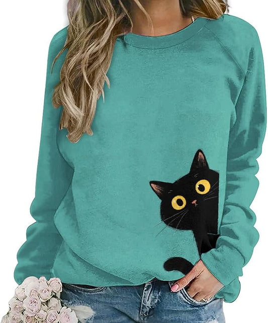 Abstract Cute Cat Shirts for Women Long Sleeve Lady Crewneck Pullover Sweatshirt Fall Winter Oversized Tops