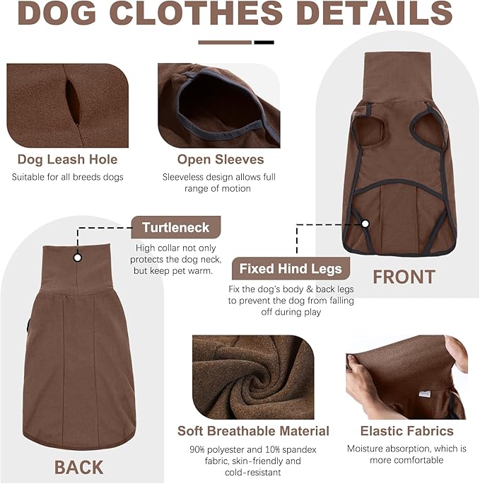 ROZKITCH Fleece Dog Sweatshirts for Large Dogs, Pet Windproof Warm Cold Weather Jacket Vest Cozy Jumpsuit Apparel Outfit Clothes for Walking Hiking Travel Sleep Brown 2XL