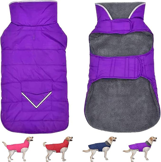 Dog Coat, Waterproof Dog Winter Jacket with Pocket, Reflective Adjustable Pet Snow Vest, Warm Cozy Fleece Sweater for Small Medium Extra Large Dogs - Purple, S