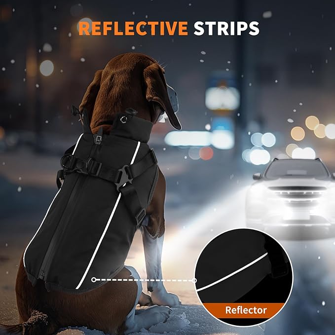 Dog Winter Coat Reflective Water-Resistant Jacket, Fleece Lined Windproof Puppy Coat with Back Zipper & D-Ring, Cold Weather Dog Coats for Small Medium Large Dogs (M, Black)