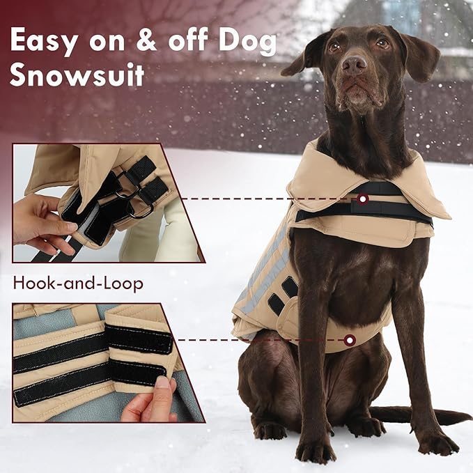 Dog Coat for Large Dogs Winter Waterproof Dog Jacket with Harness Reflective Turtleneck Hook & Loop Snowsuit Warm Fleece Snow Jackets Thermal Cold Weather Coats, Khaki 3XL