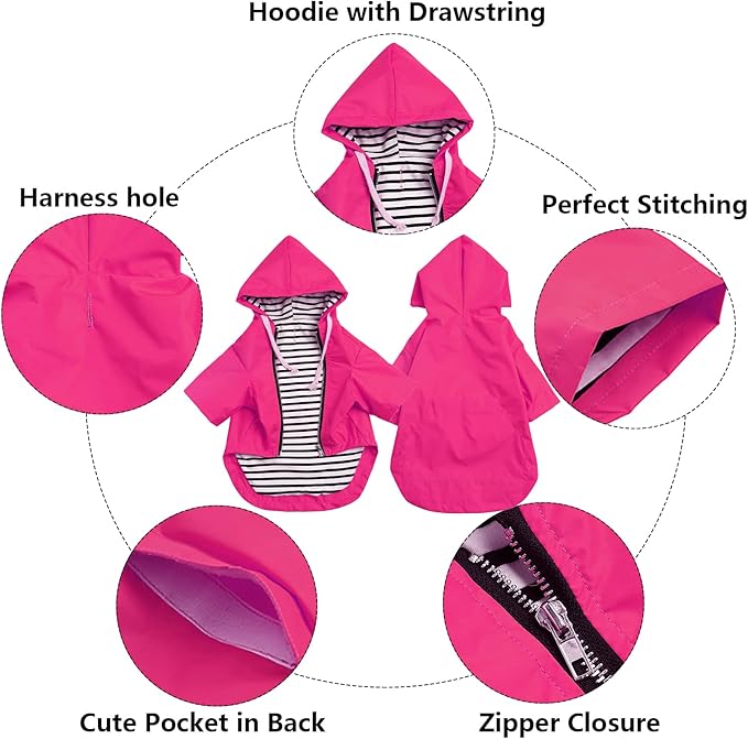 Dog Raincoat rain Jacket Raincoat Dogs Waterproof Small Medium Breeds Zip Closure Storage Pocket Harness Hole Pink XS