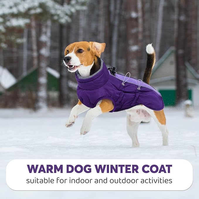 IDOMIK Warm Dog Coat with Harness, Waterproof Reflective Dog Jackets for Small Medium Large Dogs, Fleece High Collar Winter Jacket with Zipper, Pet Winter Snowsuit Clothes for Cold Weather,Purple XL