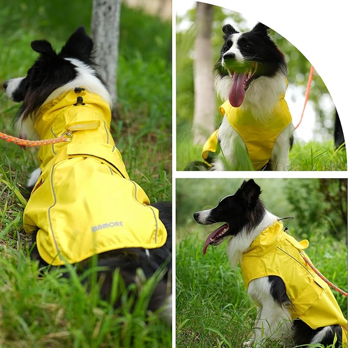Waterproof Dog Raincoat with Reflective Strip, Adjustable Breathable Rain Coat Jacket with Leash Hole for Dogs (Yellow, Medium)