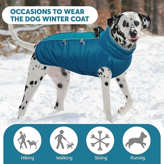 IDOMIK Warm Dog Coat with Harness, Waterproof Reflective Dog Jackets for Small Medium Large Dogs, Fleece High Collar Winter Jacket with Zipper, Pet Winter Snowsuit Clothes for Cold Weather,Blue 3XL