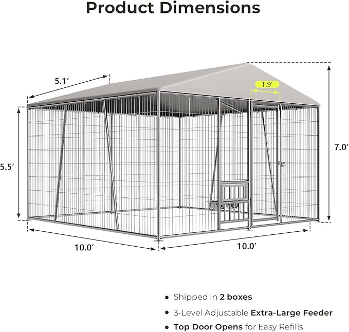 10 x 10 x 7FT Large Outdoor Dog Kennel with Large Feeding Bowls, Dog Kennel Outside with Roof, Galvanized Heavy Duty Chain Link Outdoor Dog Run Cage with Cover and Secure Lock