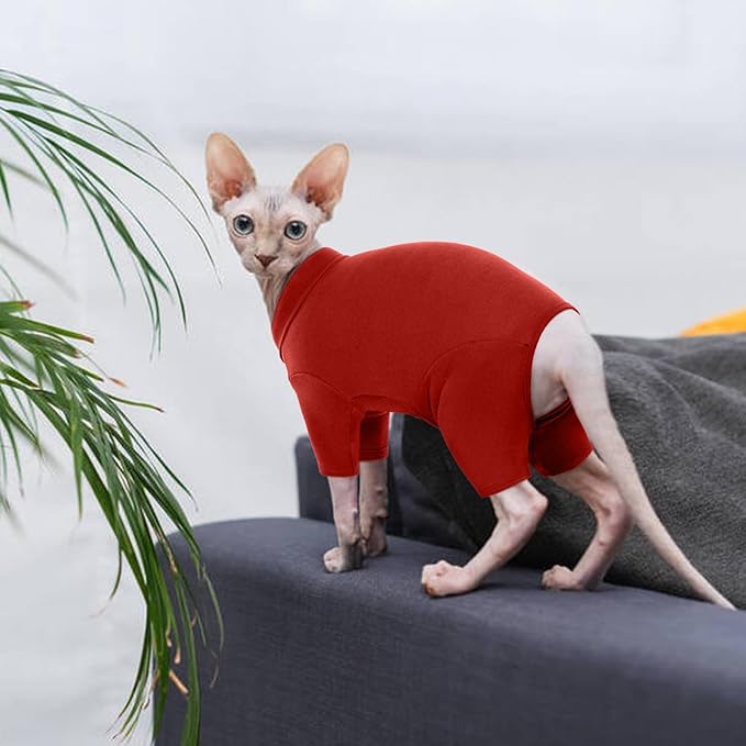 ROZKITCH Sphynx Clothes for Cats, Breathable Soft Cat Jumpers for Cats Only, Cat Coat with Four Legs, Warm Sweater T-Shirt Pajamas Jumpsuit Vest Cornish Rex Devon Rex Peterbald Red 2XL