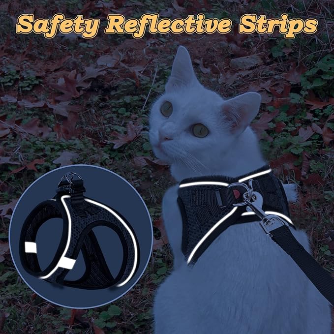 Cat Harness and Leash for Walking Escape Proof, Adjustable Kitten Vest Harness Reflective Soft Mesh Puppy Harness for Outdoor, Comfort Fit, Easy to Control (Black, XXS)