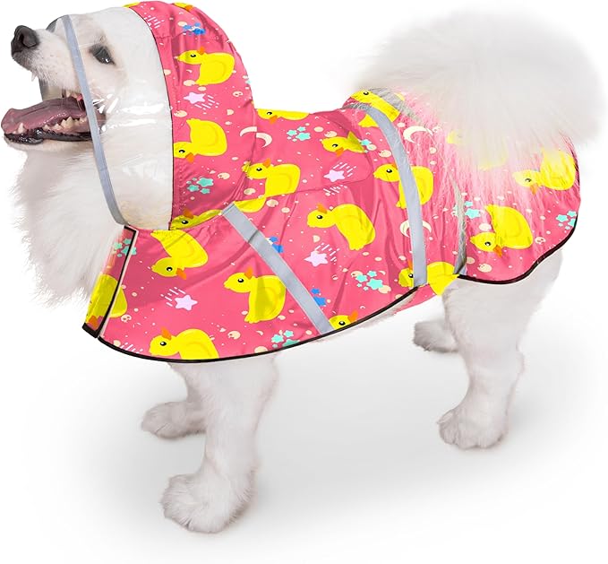 Dog Raincoat, Adjustable Rain Jacket with Hooded Double Layer for Large Medium Small Dogs Puppies, Lightweight Waterproof Rain Coat Poncho with Reflective Stripe Duck Pink,L