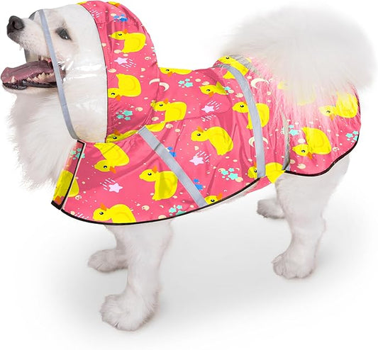 Dog Raincoat, Adjustable Rain Jacket with Hooded Double Layer for Large Medium Small Dogs Puppies, Lightweight Waterproof Rain Coat Poncho with Reflective Stripe Duck Pink,L