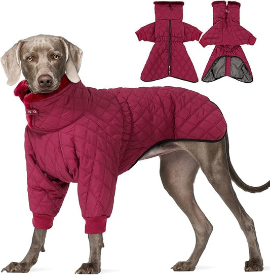 IDOMIK Dog Winter Coat for Large Dogs, Warm Dog Winter Jacket with Fleece High Collar, Zippered Cold Weather Coats for Dogs, Waterproof Doggy Snow Jacket Clothes,WineRed,XL