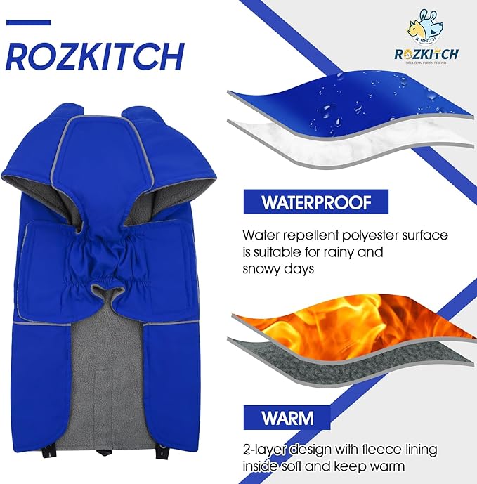 ROZKITCH Dog Coats for Large Dogs, Waterproof Raincoat Jacket Windproof Dog Rain Jacket with Fleece Liner & Leash Hole Elastic Bands for Large, Adjustable Belly Vest for Outdoor Hike Travel Blue 2XL