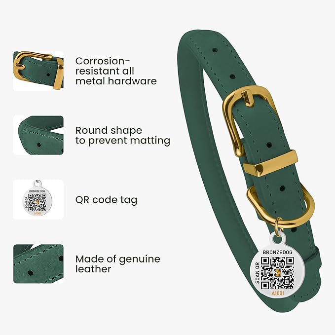 BronzeDog Rolled Leather Dog Collar with QR ID Tag, Adjustable Soft Round Collars for Small Medium Large Dogs Puppy (11" - 14 1/2" Neck Size, Emerald Green)