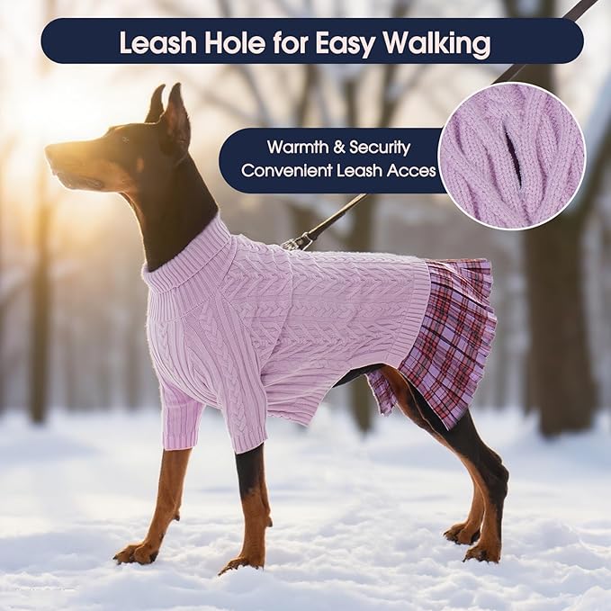 IECOii Girl XXL Dog Sweater Dress, Cozy Cable Knit Dog Sweater for Large Dogs Girl, Purple,XXLarge, 2XL Pet Pullover Knitted Dress for Winter, Turleneck with Sleeve, Warm Sweaters for Female Pitbull