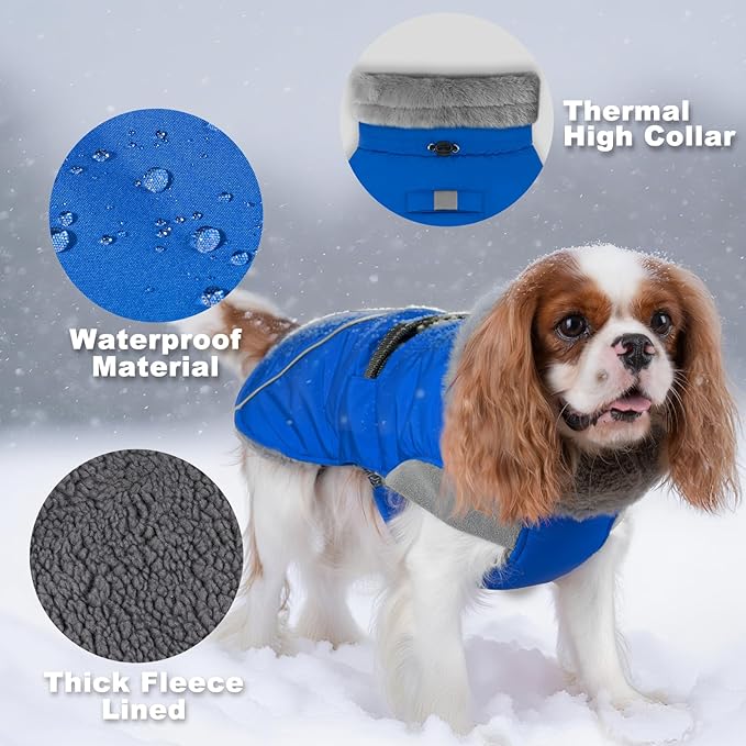 KYEESE Waterproof Dog Coat, Windproof Winter Jacket with Thick Fleece Lining, Extra Warm Turtleneck Dog Coats for Medium Dogs with Leash Hole and Reflective Design, Blue, X-Large