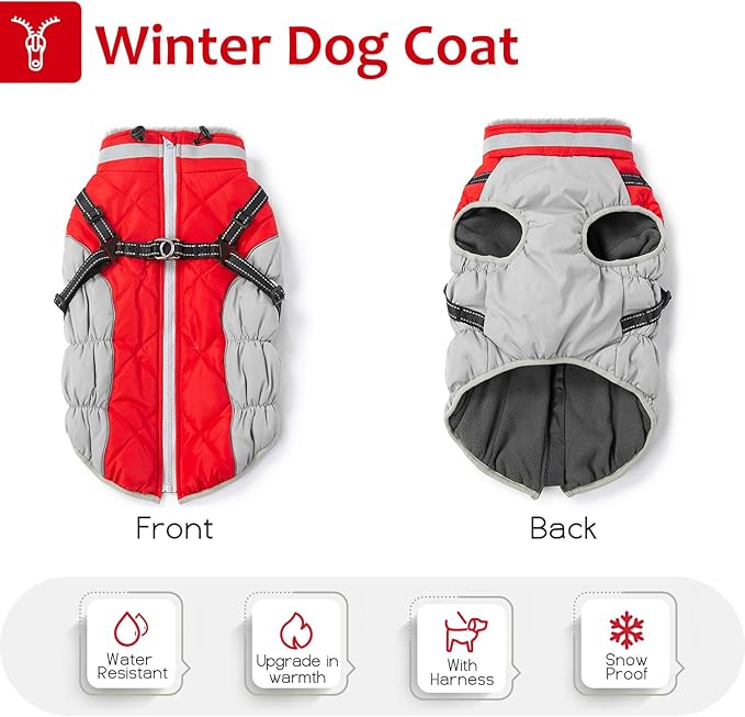 Dog Winter Coat with Harness, Dog Jacket, Pet Clothes with Zipper on Back, Waterproof Windproof Warm Vest, Reflective Cold Weather Coats, for Small Medium Large Dogs, Thick, Red, M
