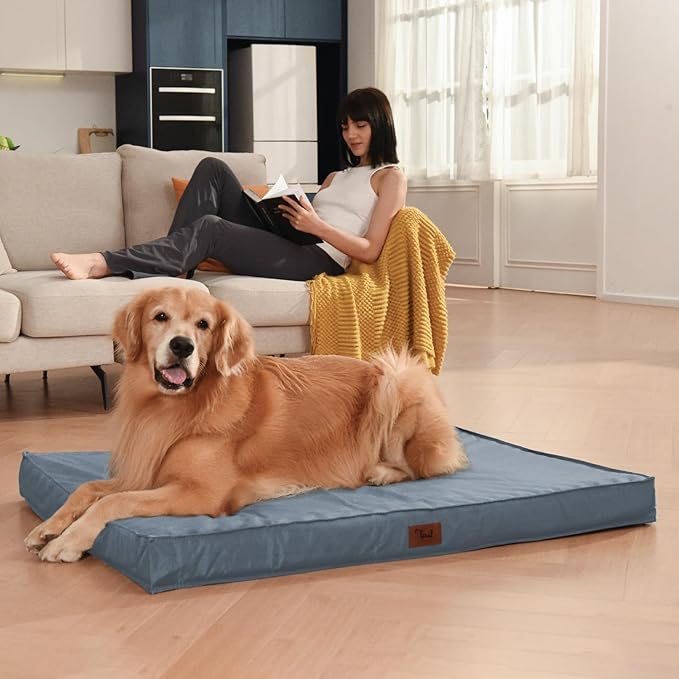 Outdoor Large Washable Dog Bed, Orthopedic Egg Crate Foam Dog Crate Mat for Large Dogs with Removable Oxford Cooling Cover, Blue