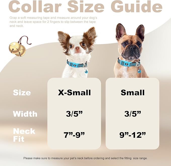 Reflective Dog Collar with Bell - Hypoallergenic Adjustable Nylon Puppy Collar for Night Safety, Soft Comfort Fit Small Dogs & Cats, Blue Small
