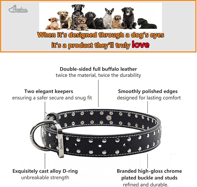 Studded Leather Dog Collar – Durable Adjustable Collar, Black Small